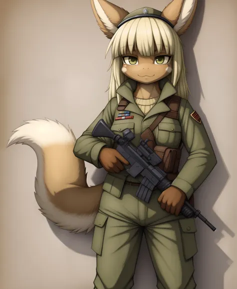 detailed hand,anthro,1girl,nanachi,soldier,adapted_uniform,pants,art by jay_naylor,