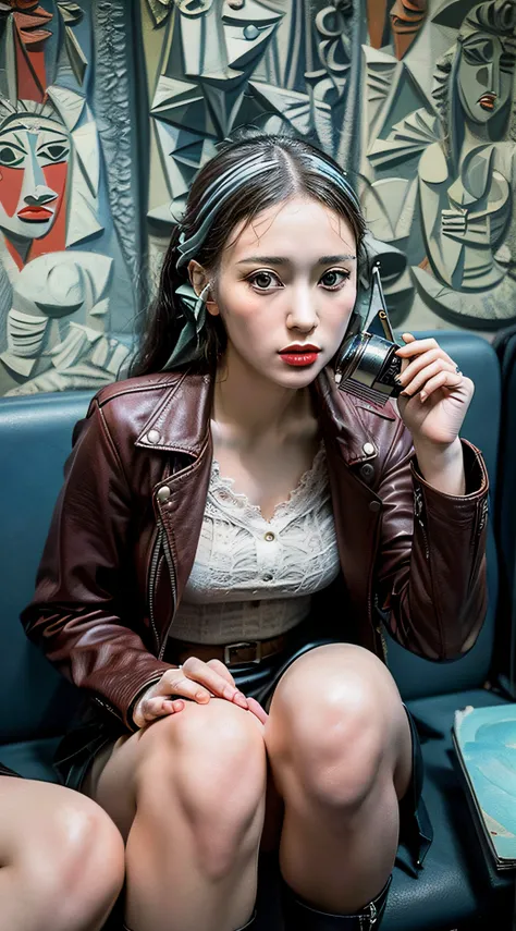 1girl, Beautiful, Amazing face and eyes, makeup, red gloss lips, (extremely detailed beautiful face), (sexiest look), (Beautiful big breasts), (leather jacket, Tight Skirt, knee high:1.2), (Best Quality:1.4), (Ultra-detailed), (extremely detailed CG unifie...