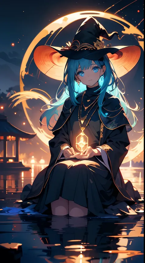 ((masterpiece)), best quality, a mysterious witch meditating on a lake, 1girl, gorgeous,  spell, witch, holding circle, earth, moon in the background, reflections, depth, bokeh, traced lights, peace, peacefull, sitting, expressive eyes, blue eyes, glow eye...