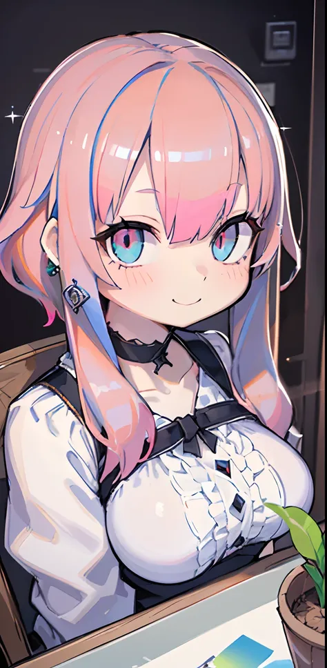 ((masterpiece)), breasts, looking_at_viewer, short hair, (multicolored_eyes:1.5), (pink hair:1.8), bangs, blue_eyes, ((light_smile)), (long locks:1.4), (ribbon earrings) , masterpiece, best quality, high quality, absurd, shiny skin, colorful, dynamic pose,...