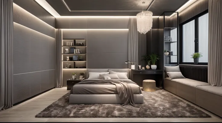 in the night, nice lighting,
luxurious bedroom interior design, luxury interior, luxurious bed,tufted carpet, large glass window...