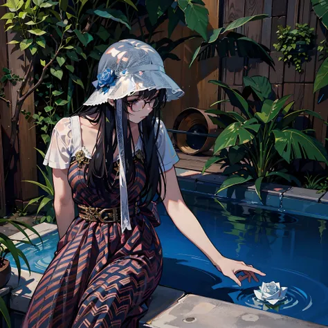 there is a woman sitting on a ledge of the pool, beautiful illustration, in garden, next to a pool, in a pond, Wearing a black glasses, White Rose floating in the water