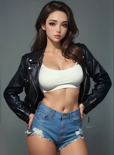 una mujer con un top blanco y pantalones cortos azules posando para una foto, Modelo IG | Artgerm, Hermosa modelo de chica, Hermosa chica modelo, pose casual, Foto de Slim Girl Model, Cuerpo perfecto fotorrealista, Retrato Sophie Mudd, Colegiala hiperreali...