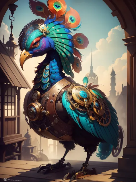 Very colorful steampunk machine peacock，colorful，Feathers mechanized，prette，modern day，Technologie