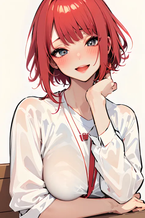 (best quality, masterpiece:1.2), ultra-detailed, Pisipf, 1 girl, musical solo, browsing viewer, shirt, intriguing smile, blushing cheeks, white canvas, white short-sleeved shirt, short hair, simple background, bangs, red hair, :D