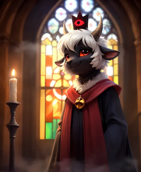 uploaded on e621, ((by Yurusa, by Childe Hassam, by Kenket, by Kyoto Animation)),
solo (chibi:1.15) ((sheep (lamb (cult of the lamb)), black body and white fur, white hair, horn, clear red sclera)),
(wear red crown, red cloak, grey black gown:1.25), (flat ...