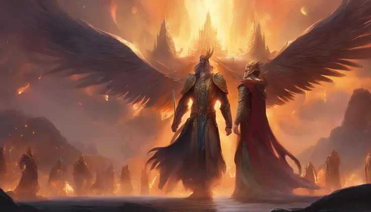 A vast army of manly archangels, com grandes asas de fogo, empunhando espadas, vestindo armadura dourada com detalhes pretos e dispostos em fileiras, alta qualidade,8k