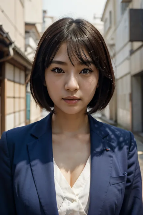 Japan woman in blue suit、Facing the front、Close your mouth and cast a gentle gaze, a photo by Tadashi Nakayama, shutterstock, shin hanga, 奈良美智, closeup Iwakura Lain, japanese facial features, the face of a beautiful Japanese girl, Japanese Models, chiho, A...