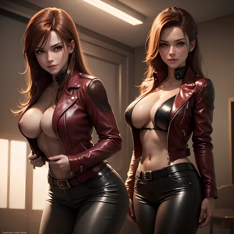 Claire Redfield，Girl in leather jacket naked，huge tit，valley，a smile，leather pant，超A high resolution，super-detaild skin，hyperdetailed face，Long，Beautuful Women，modeled，Excellent style，