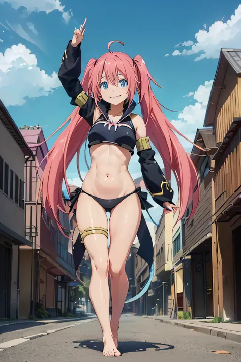 1Woman、(Milim Nava of Tensura), When reincarnated, I was a slime character(naked girl）、masterpiece、superior quality、accurate、animesque、child Demon King、Aimei、beautiful and detailed blue eyes、pink hair、(tail twin, embarrassed, devilish smile, seductive smil...