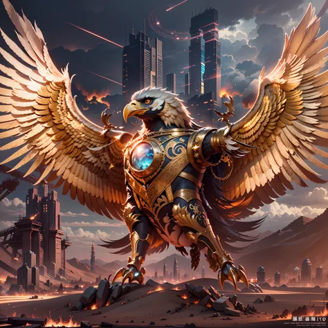 in a panoramic view，photorealestic，Giant golden mechanical eagle in flight，Whole body gold modular assembly，It features charming Ottoman decorative motifs，Luxury gemstones，High-tech machine wings，Jet propulsion，Decorated with diamonds，The huge wings are de...