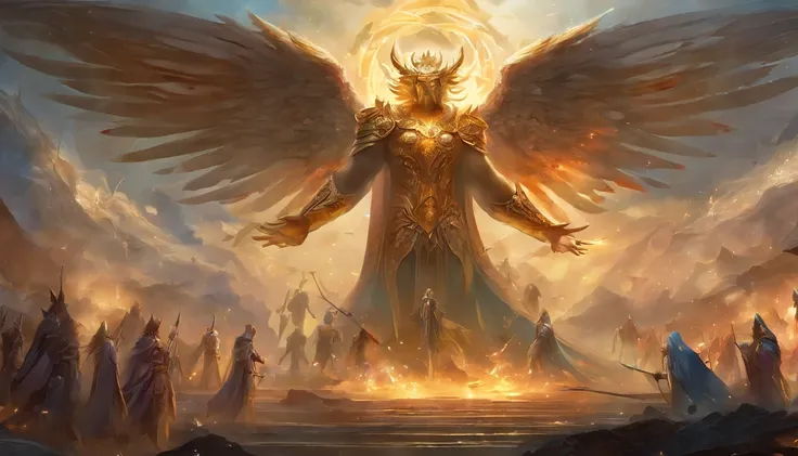 A vast army of manly archangels, com grandes asas de fogo, empunhando espadas, vestindo armadura dourada com detalhes pretos e dispostos em fileiras, alta qualidade,8k