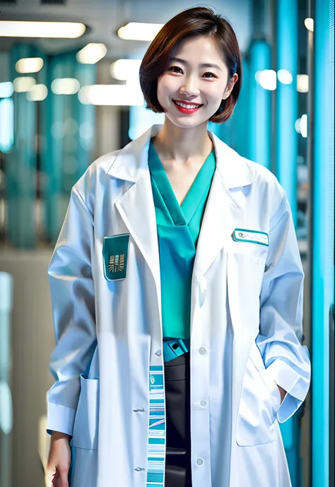 modern high-fashion trendy laboratory coat for female, teal shirt inside, black skirt