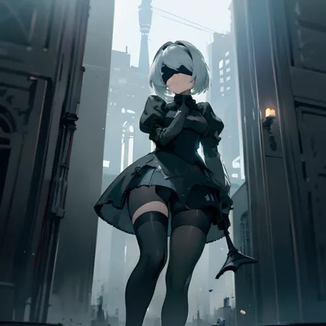 masterpiece, best_quality, 1girl, solo, yorha no. 2 type b, black blindfold, blindfold, thick thighs, thighhighs