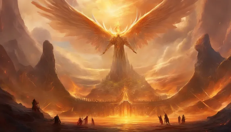 A vast army of manly archangels, com grandes asas de fogo, empunhando espadas, vestindo armadura dourada com detalhes pretos e dispostos em fileiras, alta qualidade,8k