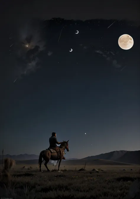 On an autumn night in the Tibetan steppe，A man rides a horse looking at the moon，the sky has the moon，filmposter