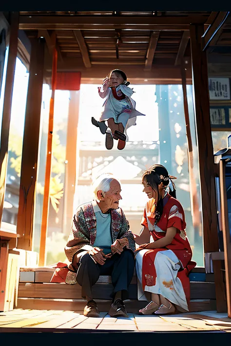 chongyang festival respect for the elderly，a old man，grandmother，grandmother and child laugh together，cartoon pictures normal ba...