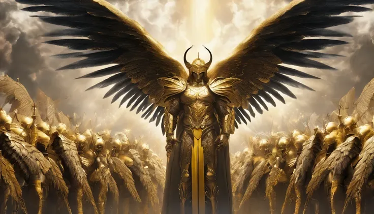 A huge army of archangel men with wings, with big wings, wielding swords, wearing golden armor with black details ,arranged in rows, high quality,8k