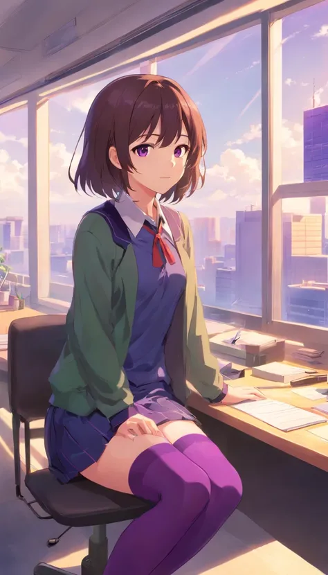 best qualtiy， tmasterpiece， 超高分辨率， realisticlying， 1 girl，（Gorgeous Hair in Long Purple），Heterochromic pupils，Sitting at your desk，Hands on cheeks，Look out the window，（Black collar），（Student kits），Purple stockings，‎Classroom，wide angles