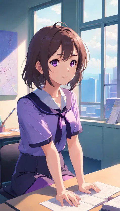 best qualtiy， tmasterpiece， 超高分辨率， realisticlying， 1 girl，（Gorgeous Hair in Long Purple），Heterochromic pupils，Sitting at your desk，Hands on cheeks，Look out the window，（Black collar），（Student kits），Purple stockings，‎Classroom，wide angles