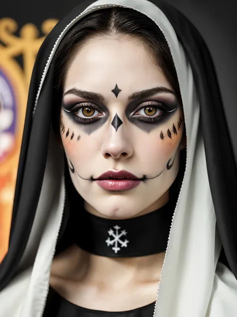 (close-up, photograph, 30 yo nun woman) ( artistic makeup:1.2) (highly detailed face:1.4) (smirk:0.7)long whitr hair，dark themes...