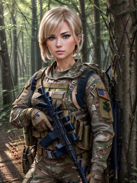 ((​masterpiece、ultra fine photos、top-quality、超A high resolution、Photorealsitic、foco nítido、(bustshot、Focus from the chest up)、(Beautiful Female Soldier、30-year-old woman with)))、delicated face、((fair white skin、blue eyess、Blonde Shorthair))、Military Cap、Wo...