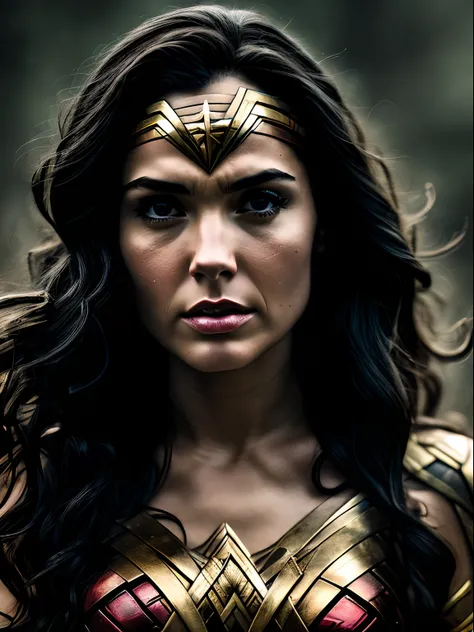 Wonder Woman under the rain, in the style of dc comics, emotionally charged portraits, mushroomcore, erased and obscured, black and gold, high contrast, whiplash lines, closeup intensity, style raw.