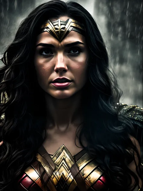 Wonder Woman under the rain, in the style of dc comics, emotionally charged portraits, mushroomcore, erased and obscured, black and gold, high contrast, whiplash lines, closeup intensity, style raw.