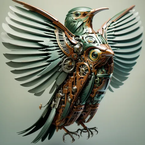 A mechanical bird,(Red body:1.2),Stand on the roof,(A pair of beautiful large wings:1.3),(green wings:1.4),tmasterpiece,Highest image quality,high detal