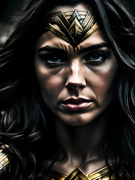 Wonder Woman under the rain, in the style of dc comics, emotionally charged portraits, mushroomcore, erased and obscured, black and gold, high contrast, whiplash lines, closeup intensity, style raw.