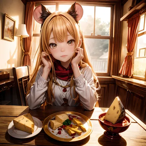 "Photos of anime-themed scenes and、Little girl in the ears of a mouse, Enjoy cheese in a cozy room. Lighting like the golden hour, anime vibes, Enchanting."