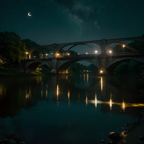 An beautiful iron bridge over a river, in night, half white moon is shining and many stars in sky, the reflections of moon and stars are shining in the water of river, a beautiful green train Crossing the bridge, and the yellow hed light of train is glowin...