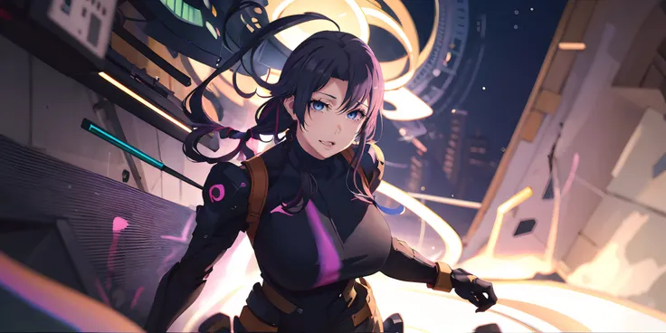 yukinoshita yukino, (long hair, black hair:1.6), blue eyes, heavy breathing, huge breasts, breast press, 1girl, a woman with black hair standing in front of a portal magic, digital cyberpunk anime art, portrait anime space cadet girl, digital cyberpunk - a...