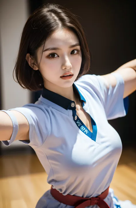 Content: Solo Idol, Eri Kamei from Morning Musume, Dressed as a karate player, In karate uniforms, Black belt, Showing off a cute and beautiful figure in the form of big breasts. She is engaged in a sparring match with another karateka, Emphasis on serious...