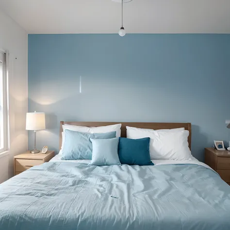 One bedroom comes with bed linen and pillows, a lamp, A painting of bright sky Coty 22 10BB 55/065 gradient tannin blue bright sky Coty 22 minimalist design