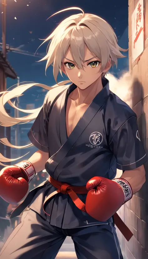 best qualtiy， tmasterpiece， 超高分辨率， realisticlying， 1 boy，（long  white hair），Heterochromic pupils，（Samurai head：！）（Back against the wall：1），（Facial expression 処horizontal）（Punching stance）（smokeing）（There are scars from fights on the face），Black boxing suit...