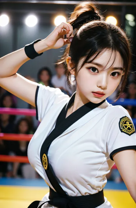 Content: Solo Idol, Eri Kamei from Morning Musume, Dressed as a karate player, In karate uniforms, Black belt, Showing off a cute and beautiful figure in the form of big breasts. She is engaged in a sparring match with another karateka, Emphasis on serious...