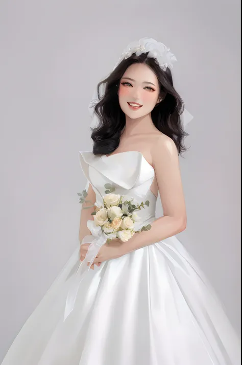 woman in white wedding dress holding bouquet,  in front of white back drop, a beautiful woman in white aodai, wearing a wedding ...