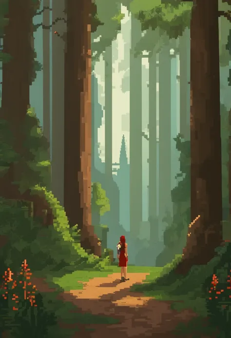 Pixel art de uma jovem mulher ruiva em uma floresta de costas, bela arte detalhada do pixel, Pixel Art detalhado, Lo-fidel retro video games, Pixel Art Conceitual, arte detalhada do pixel, estilo Pixel Art, cidade de pixel, pixel art animation, Pixel Art d...