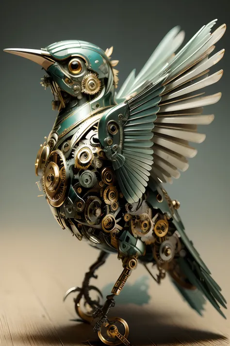 Bird, Mechanical, Precision gears, Delicate feathers, metal wings, Vibrant colors, finely detailed, Realistic, steampunk wind, Antique, Vintage, Mechanical movement, Clockwork, elegant, Perched on tree branches, Bronze, magnificent design, Eye-catching, Im...