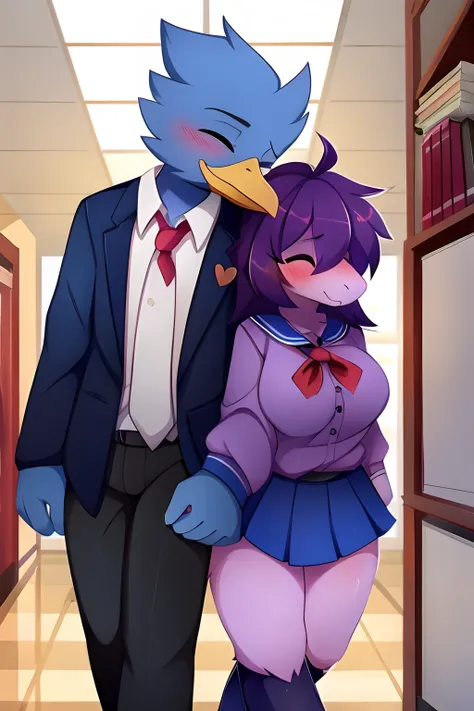 Berdly from Deltarune, eyes closed, (Berdly:0.8), blue body, male, school uniform, blush, (detailed face:1.0), holding books, nervous, (beak), (detailed eyes), (masterpiece, best quality:1.0), 1girl, Susie from Deltarune, female, purple body, smirk, hair c...