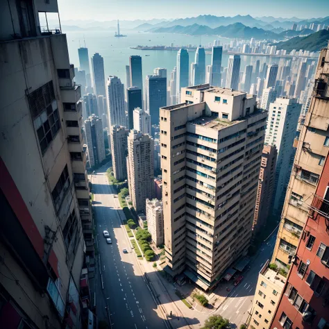 appearance々Urban area with buildings、Mix of old and new buildings、Japanese style architecture 、Kowloon City、blue open sky、during daytime、beautiful city、A city of intricacies、Taken from above、Parallel worlds、near future、A city like Tokyo、