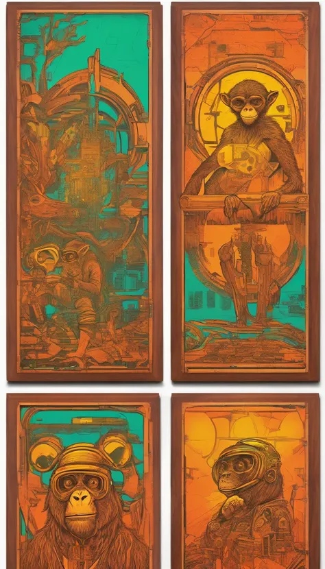 Wood-burned, etched artwork. Can also make interesting wooden detailed objects: A Monkeys. 4 panels with different poses