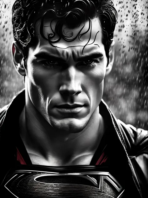 Superman under the rain, in the style of dc comics, emotionally charged portraits, mushroomcore, erased and obscured, white and black, high contrast, whiplash lines, closeup intensity, style raw.