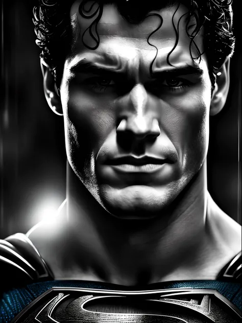 Superman under the rain, in the style of dc comics, emotionally charged portraits, mushroomcore, erased and obscured, white and black, high contrast, whiplash lines, closeup intensity, style raw.