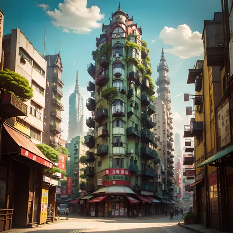 appearance々Urban area with buildings、Mix of old and new buildings、Japanese style architecture 、Kowloon City、blue open sky、during daytime、beautiful city、A city of intricacies、Taken from above、Parallel worlds、near future