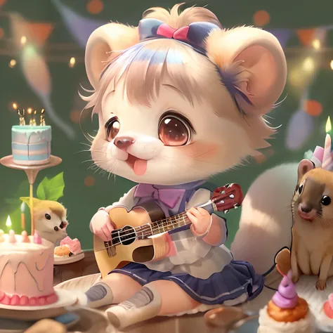 One Cute Anime Girl, Play the ukulele, Singing, Cute ferret,Birthday Cake, happy birthday, High quality,