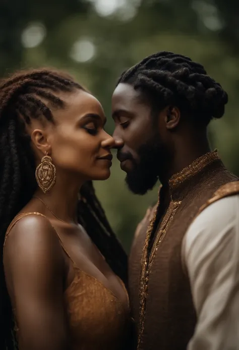 Portrait of Black King with dreads and a Caramel colored Queen with an Afro look lovingly into each others eyes