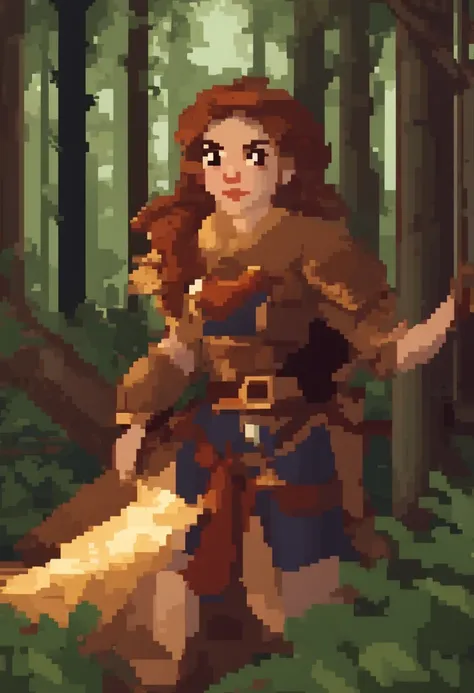 Pixel art de uma jovem mulher ruiva em uma floresta de costas de longe, bela arte detalhada do pixel, Pixel Art detalhado, Lo-fidel retro video games, Pixel Art Conceitual, arte detalhada do pixel, estilo Pixel Art, cidade de pixel, pixel art animation, Pi...