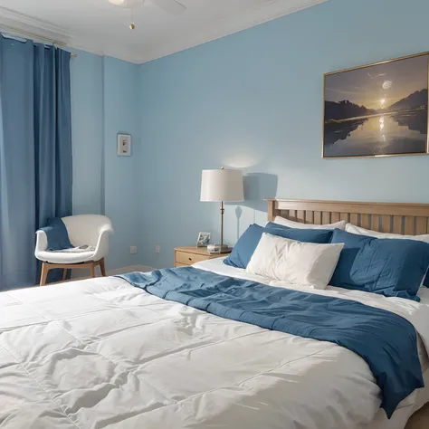 One bedroom comes with bed linen and pillows, a lamp, A painting of a famous design chair Bright Sky Coty 22 10BB 55/065 gradient tannins blue bright sky Coty 22